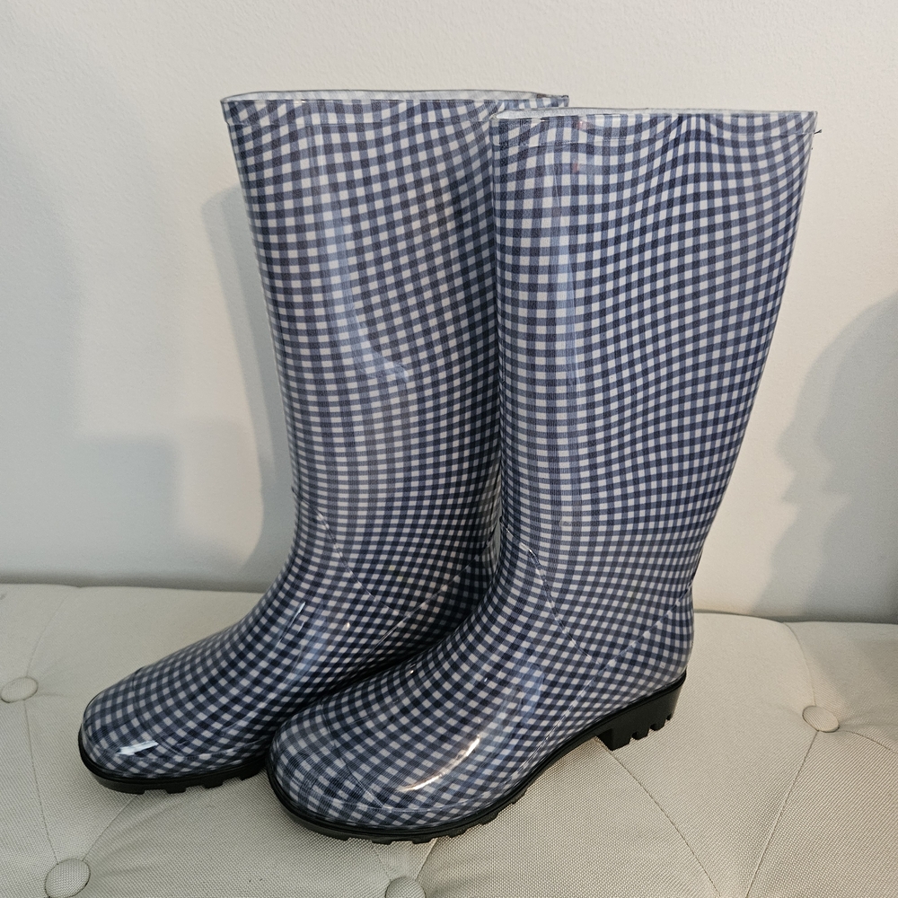 Blue Gingham Rain Boots